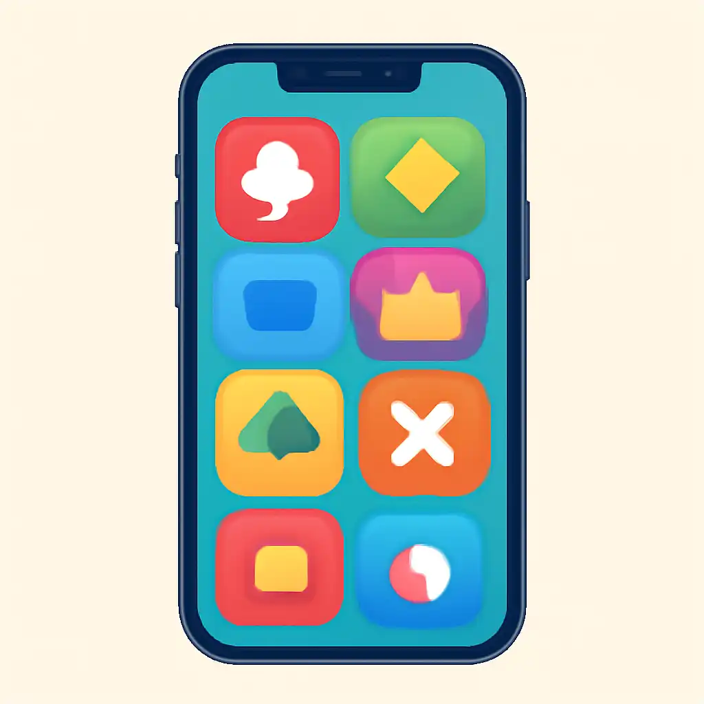 Smartphone shown from the front displaying a colourful flat layout of abstract game icons and rounded tiles (no text, no letters, no labels), 55 Club