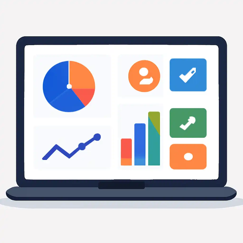 Laptop shown from the front displaying a colourful flat dashboard of abstract charts, bars and icon tiles (no text, no letters, no labels), 55 Club