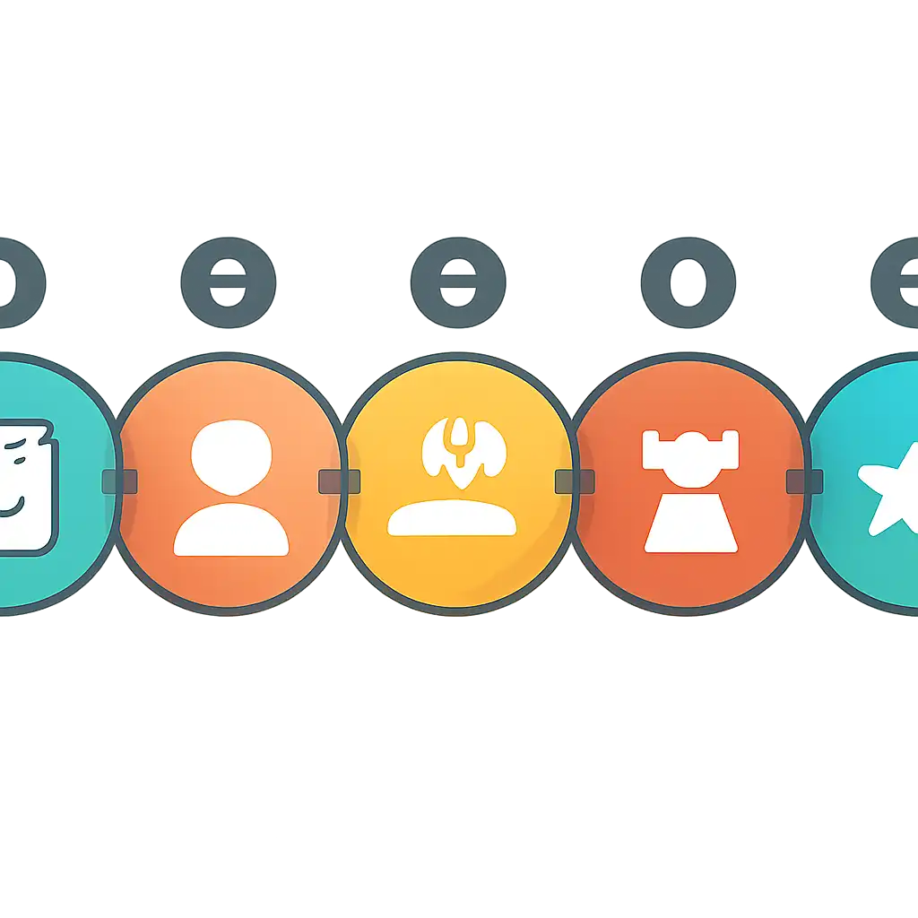 Five numbered circular icons connected by arrows in a horizontal flow, flat illustration, icons only, no words, 55 Club steps