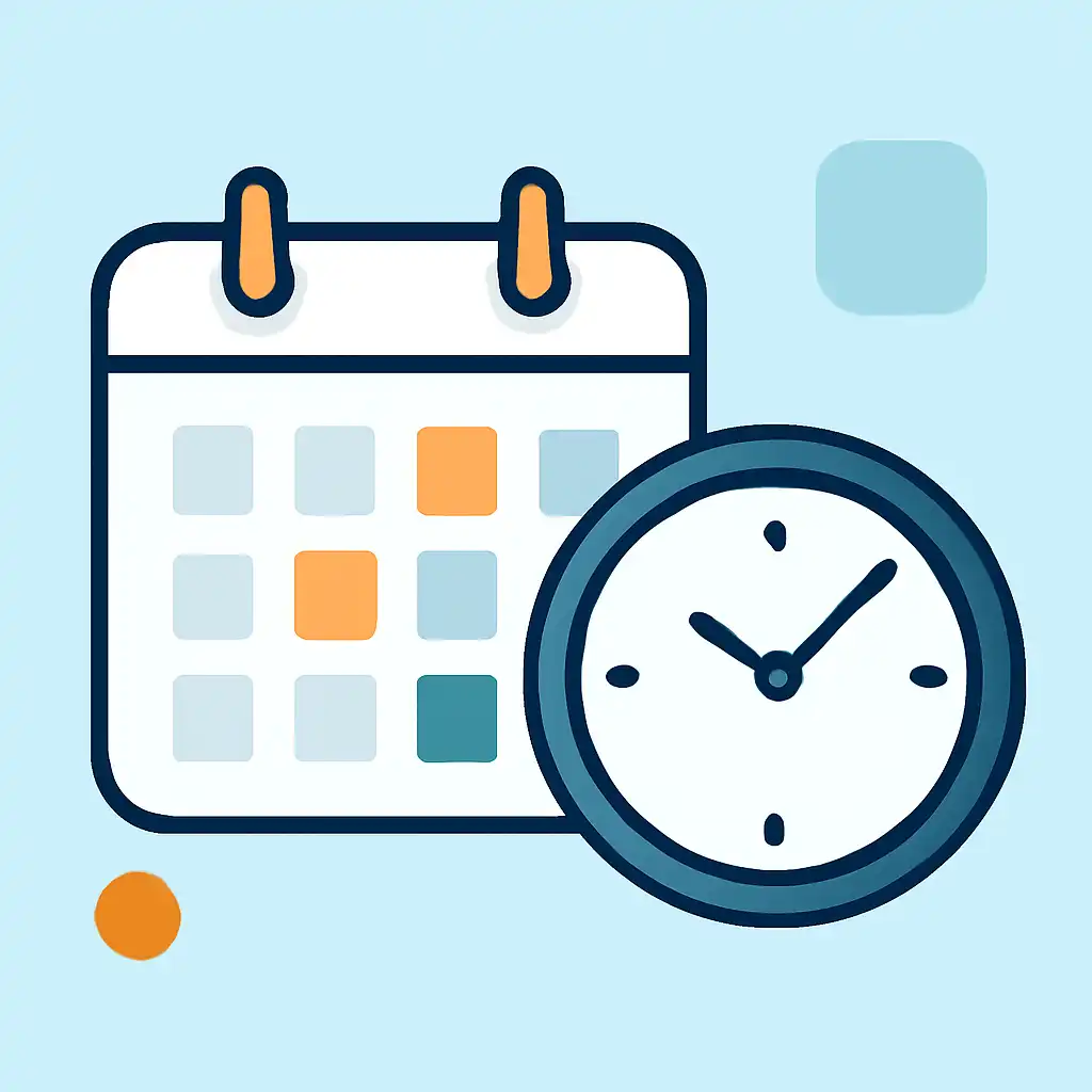 Calendar with clock: 55 Club timing and schedule visual