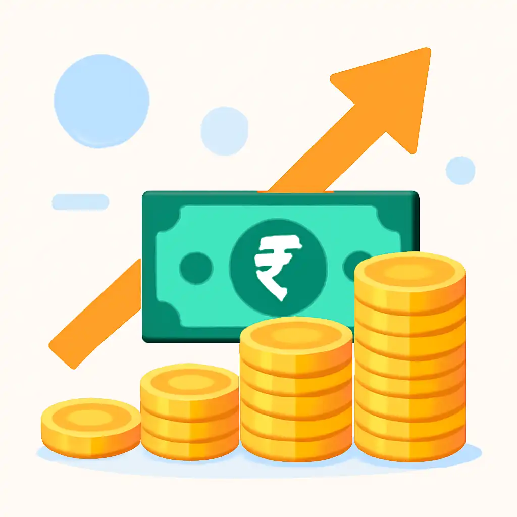 Coins stack and rupee notes: 55 Club earnings illustration