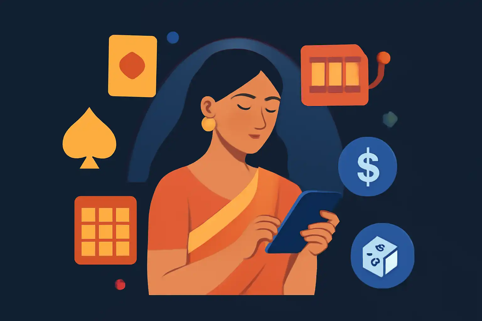 Hero illustration: Sharda, modern flat design, dark background, brand-neutral, icons and shapes only, no text