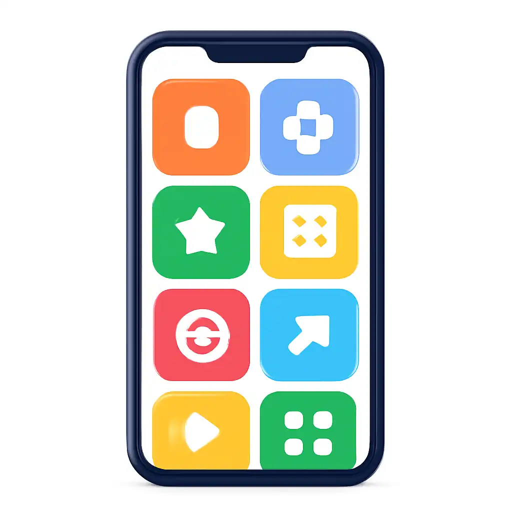 Smartphone shown from the front displaying a colourful flat layout of abstract game icons and rounded tiles (no text, no letters, no labels), Sharda