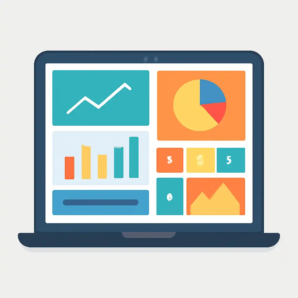 Laptop shown from the front displaying a colourful flat dashboard of abstract charts, bars and icon tiles (no text, no letters, no labels), Sharda