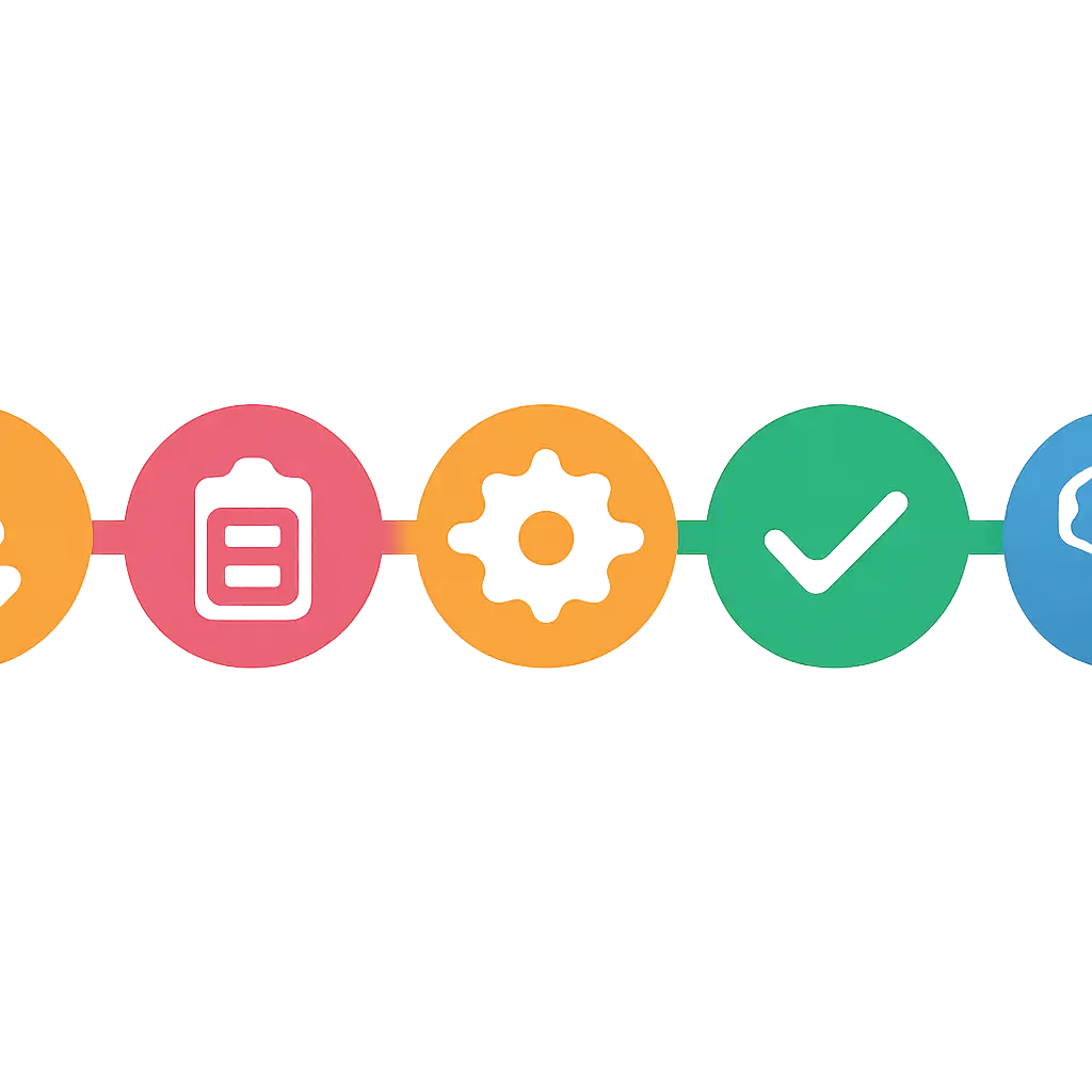 Five numbered circular icons connected by arrows in a horizontal flow, flat illustration, icons only, no words, Sharda steps