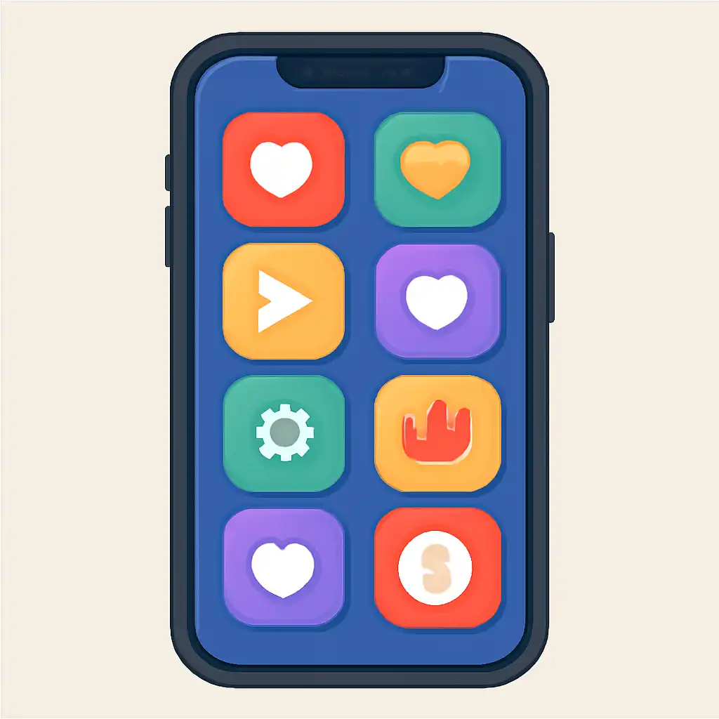 Smartphone shown from the front displaying a colourful flat layout of abstract game icons and rounded tiles (no text, no letters, no labels), 55club