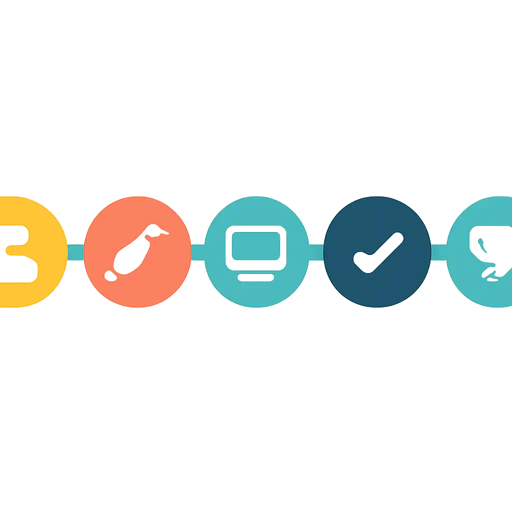 Five numbered circular icons connected by arrows in a horizontal flow, flat illustration, icons only, no words, 55club steps