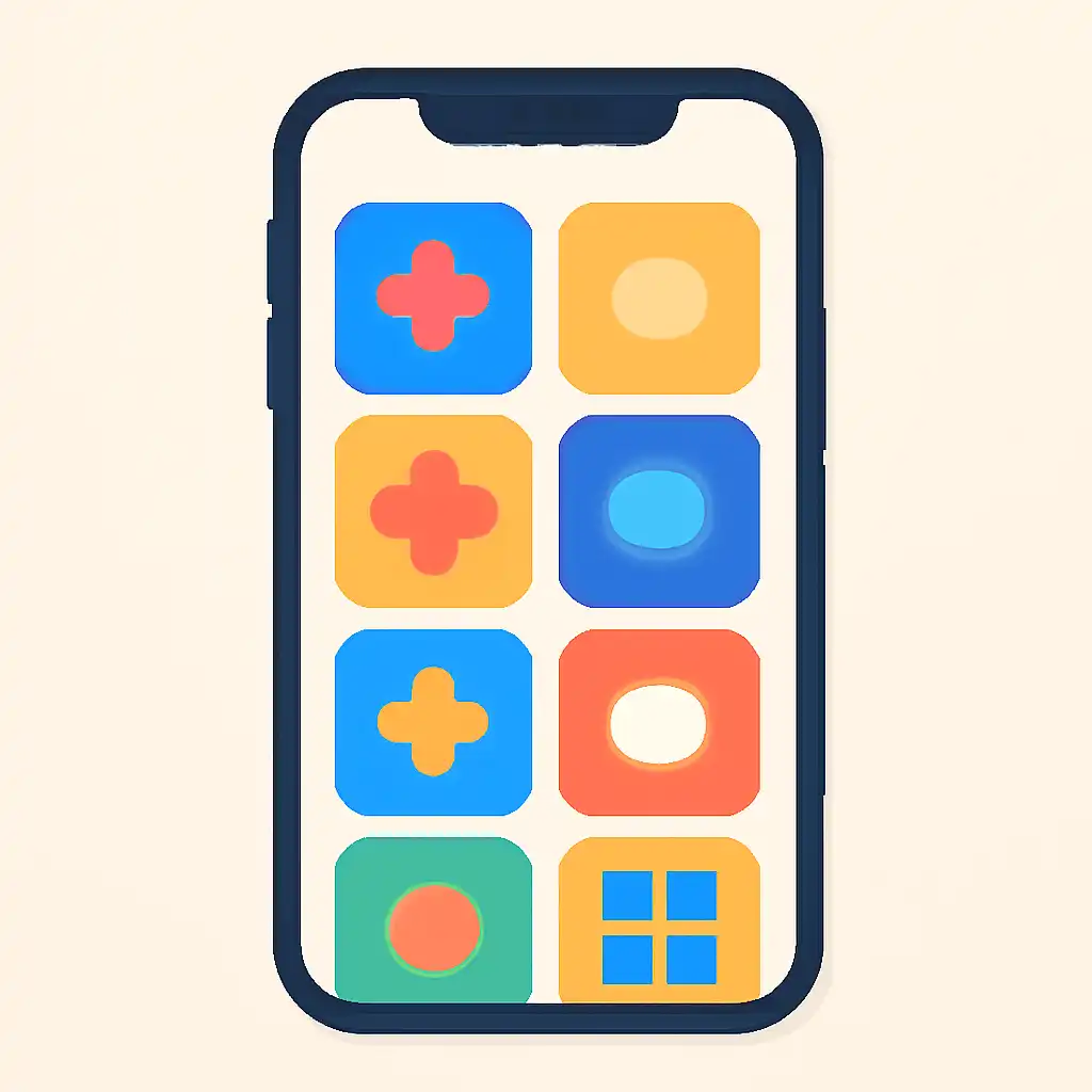 Smartphone shown from the front displaying a colourful flat layout of abstract game icons and rounded tiles (no text, no letters, no labels), Anil