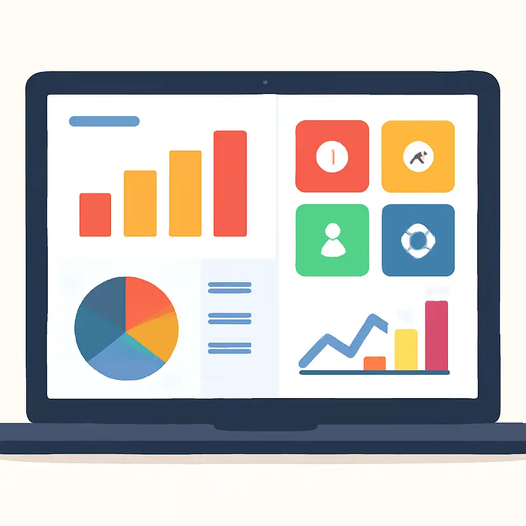 Laptop shown from the front displaying a colourful flat dashboard of abstract charts, bars and icon tiles (no text, no letters, no labels), Anil