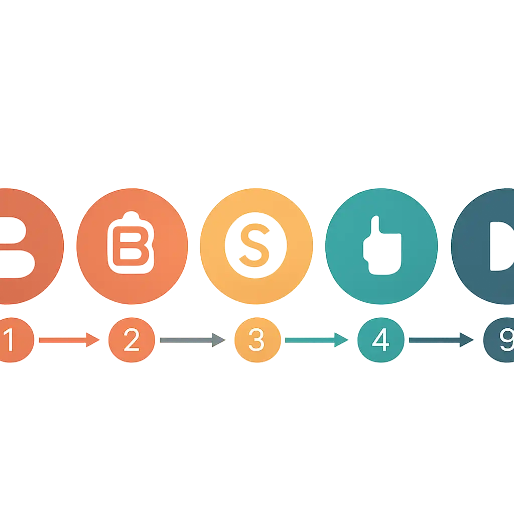 Five numbered circular icons connected by arrows in a horizontal flow, flat illustration, icons only, no words, Anil steps