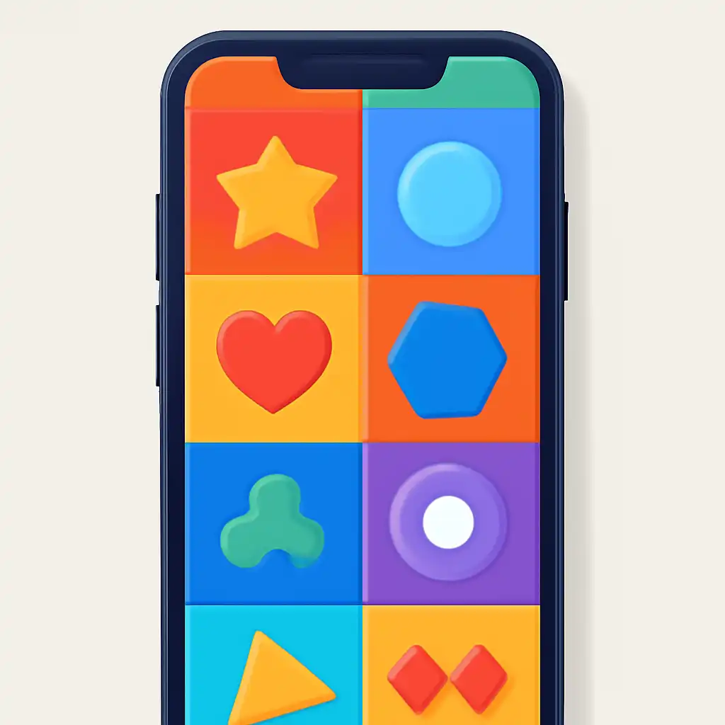 Smartphone shown from the front displaying a colourful flat layout of abstract game icons and rounded tiles (no text, no letters, no labels), Star