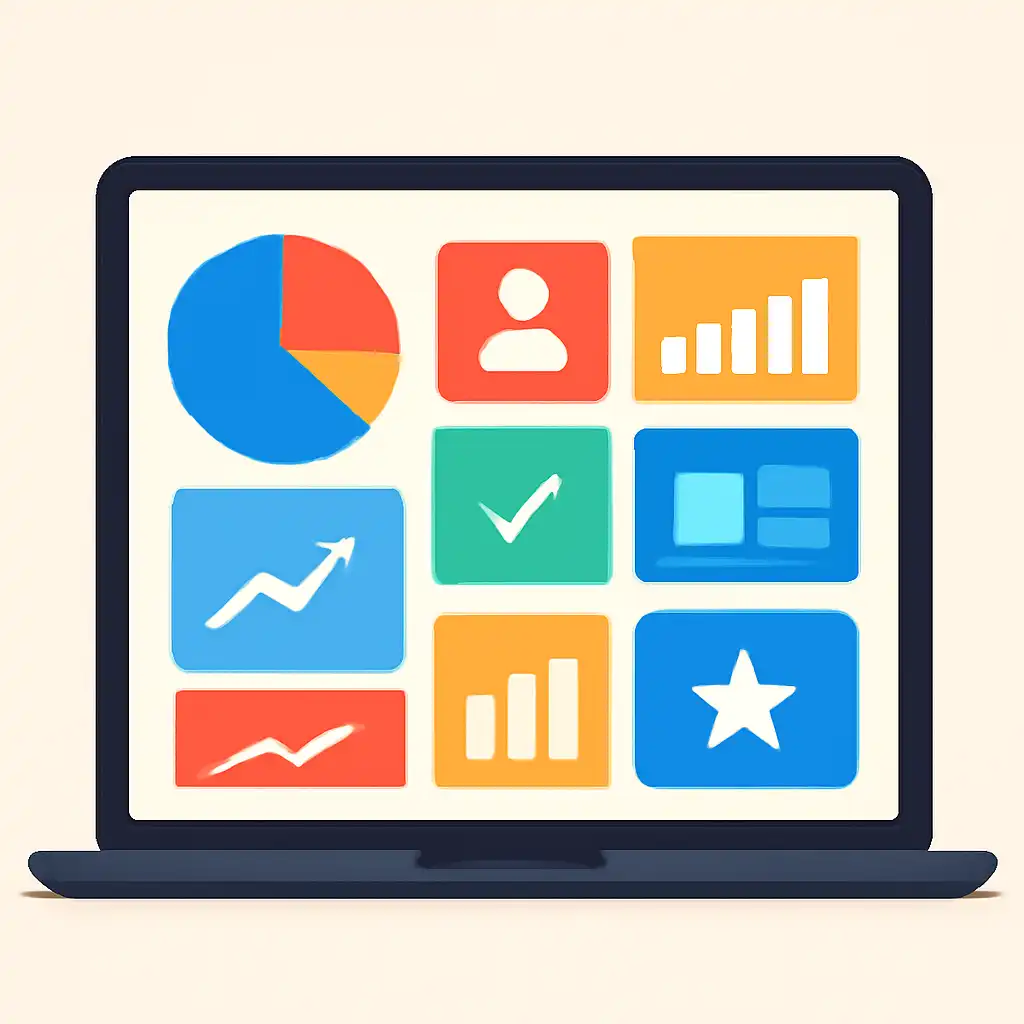 Laptop shown from the front displaying a colourful flat dashboard of abstract charts, bars and icon tiles (no text, no letters, no labels), Star