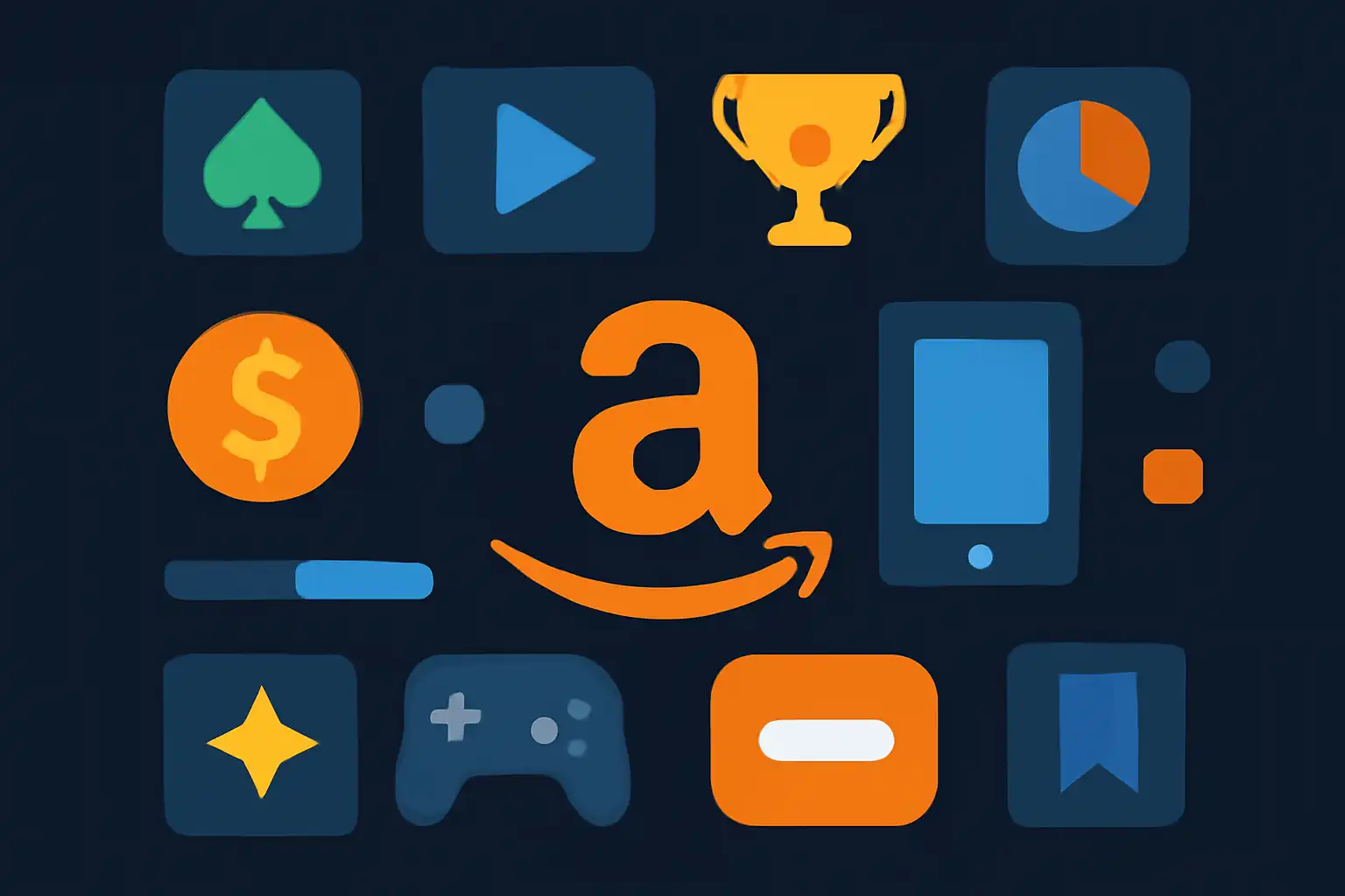 Hero illustration: Amazon, modern flat design, dark background, brand-neutral, icons and shapes only, no text