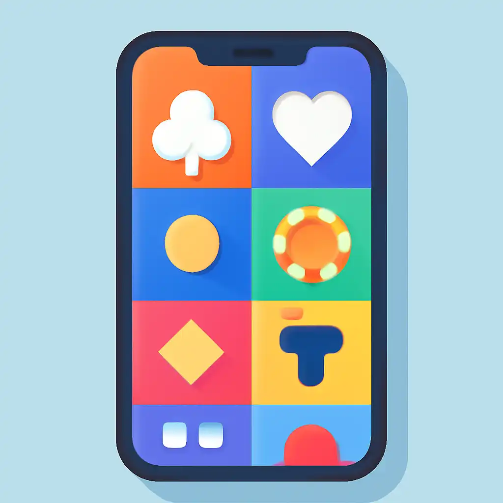 Smartphone shown from the front displaying a colourful flat layout of abstract game icons and rounded tiles (no text, no letters, no labels), Amazon