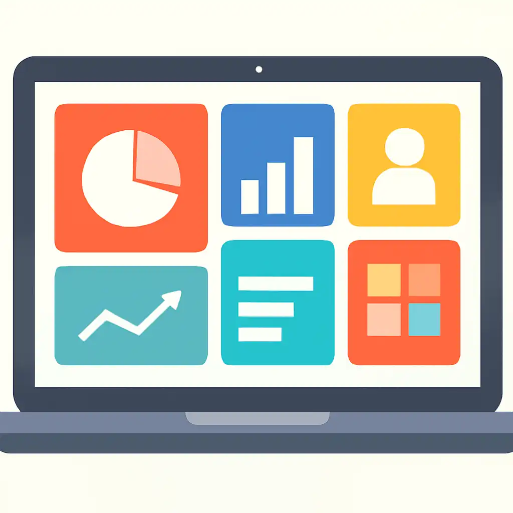 Laptop shown from the front displaying a colourful flat dashboard of abstract charts, bars and icon tiles (no text, no letters, no labels), Amazon