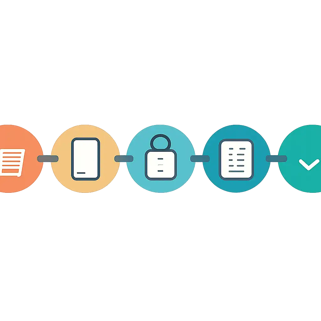 Five numbered circular icons connected by arrows in a horizontal flow, flat illustration, icons only, no words, Amazon steps